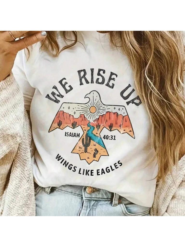 WE RISE UP Letter Pattern Round Neck Wounisex T-Shirt Short Sleeve Fashion Print Half Sleeve Shirt Stretch T-Shirt