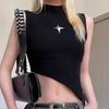 Y2K Crop Knit Top E-girl Women Sleeveless Asymmetrical Hem High Neck Stretchy Fitted Sweater Vest Summer 90s Outfit