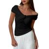 One-Shoulder T-Shirt Summer Street Trend Hot European And American Top Pleated V-Neck Off-Shoulder Short-Sleeved T-Shirt