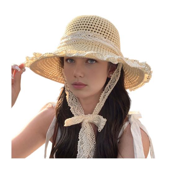 

Beach Hat Natural High-Density Straw Fabric Sun Protection Wide Brim Dome Design Sun Hat Lace Bow Faux Pearls Decor Summer Hat F