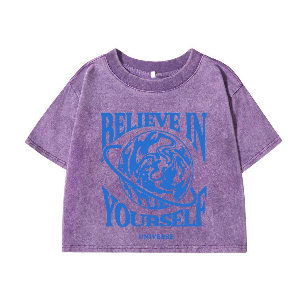 Dámská bavlněná crop trička s praným efektem Věř v sebe potisky topy distressed oversize krátký rukáv dámské oblečení