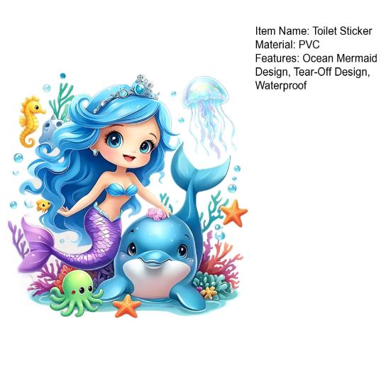 Toilet Sticker, Traceless Tear-Off Design Waterproof PVC Decal, Self-Adhesive Ocean Mermaid Pattern Bathroom Sticker with Dolphins Jellyfish Seahorses