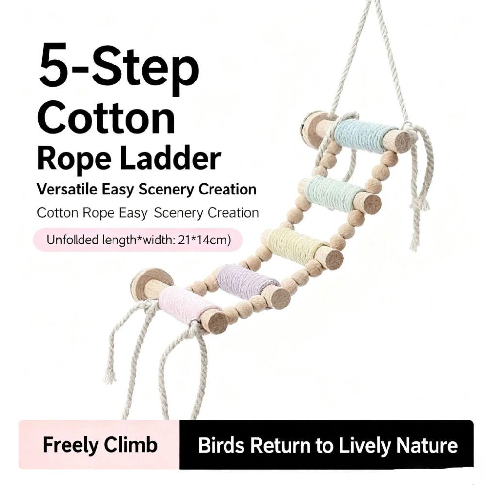 5/8/10 Steps Bird Cotton Rope Ladder Hanging Wood Bird Perch Safe Parrot Climbing Toy Cockatiels