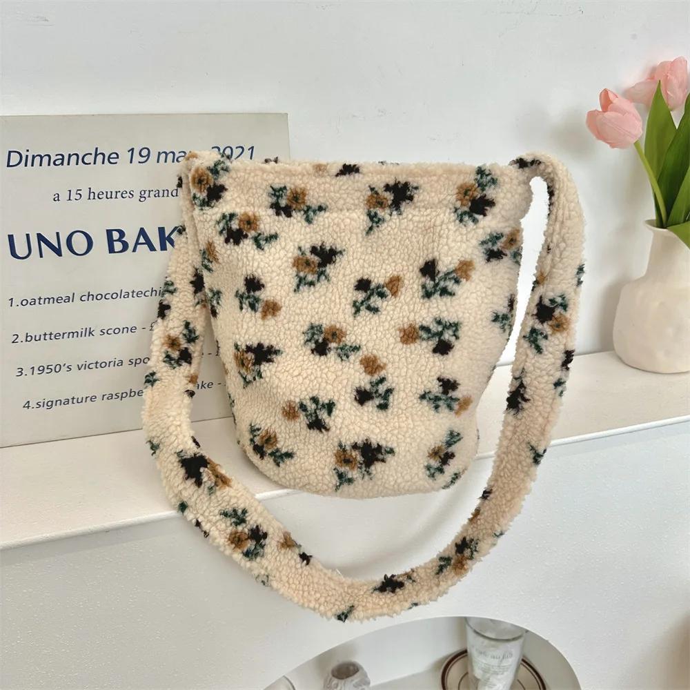 Bolso Cruzado Cubo de Lana de Cordero Sintética para Mujer, Bolsos de Hombro Vintage a Cuadros Florales para Señora, Bolsos de Mano Suaves de Felpa de Gran Capacidad para Mujer