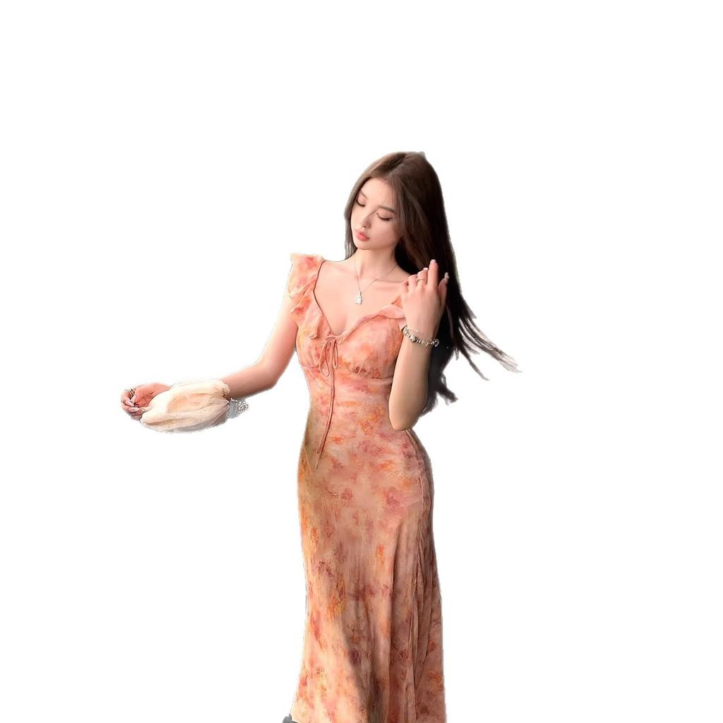 New ruffle leaf edge pink floral suspender dress, children's summer temperament v-neck waist-wrapped hip dress