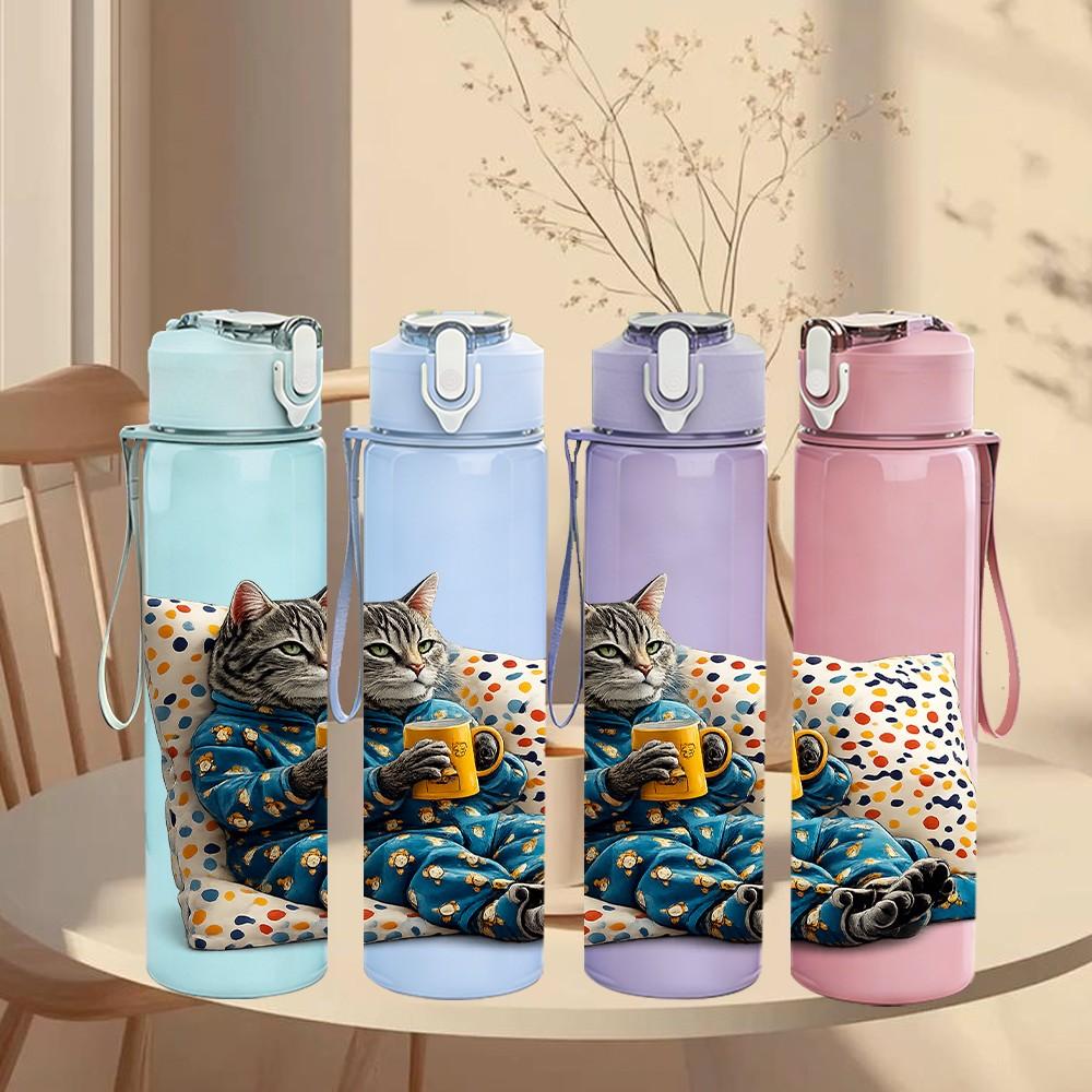 1PC Cat Colorful Patchwork Pillow Print 750ml Color Plastic Sports Water Bottle Leakproof Flip Straw Lid Suitable for Sports Office Home Use