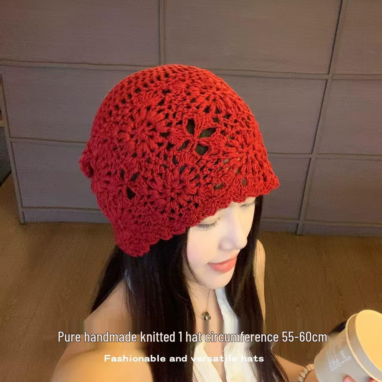 

Жіноча В язана Шапка Біні Ручної Роботи в Ретро Стилі - Тонка, Ажурна Вовна для Весни/Осені M (56-58cm)