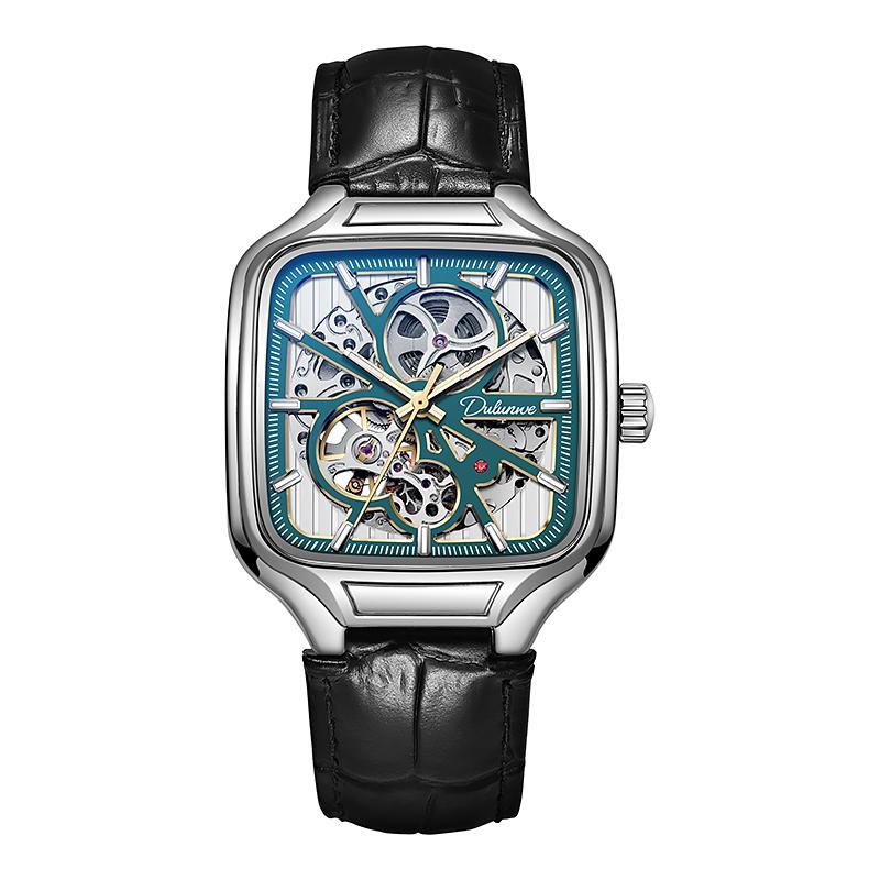Dulunwe Mechanische Herrenuhr mit quadratischem Zifferblatt, wasserdicht, automatisch, Skelett, Geschenkuhr, leuchtend, lässig, Sportuhr, Herren-Business-Uhr