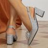 Sandálias de salto alto grosso pontiagudas com cabeça de flor de pérola brilhante sapatos de outono saltos altos prateados
