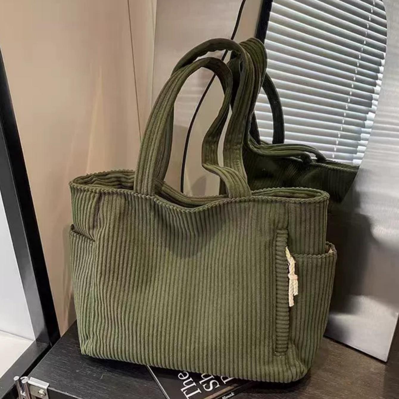 

Large Corduroy Tote Bag for Women Everyday Shoulder Bag with Pockets and Zipper for Work Travel Vacation зелений