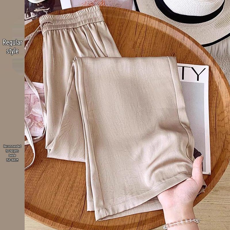 Women's Small Silky Wide-Leg Pants, Summer Eight-Point Length, Thin & Draped Texture