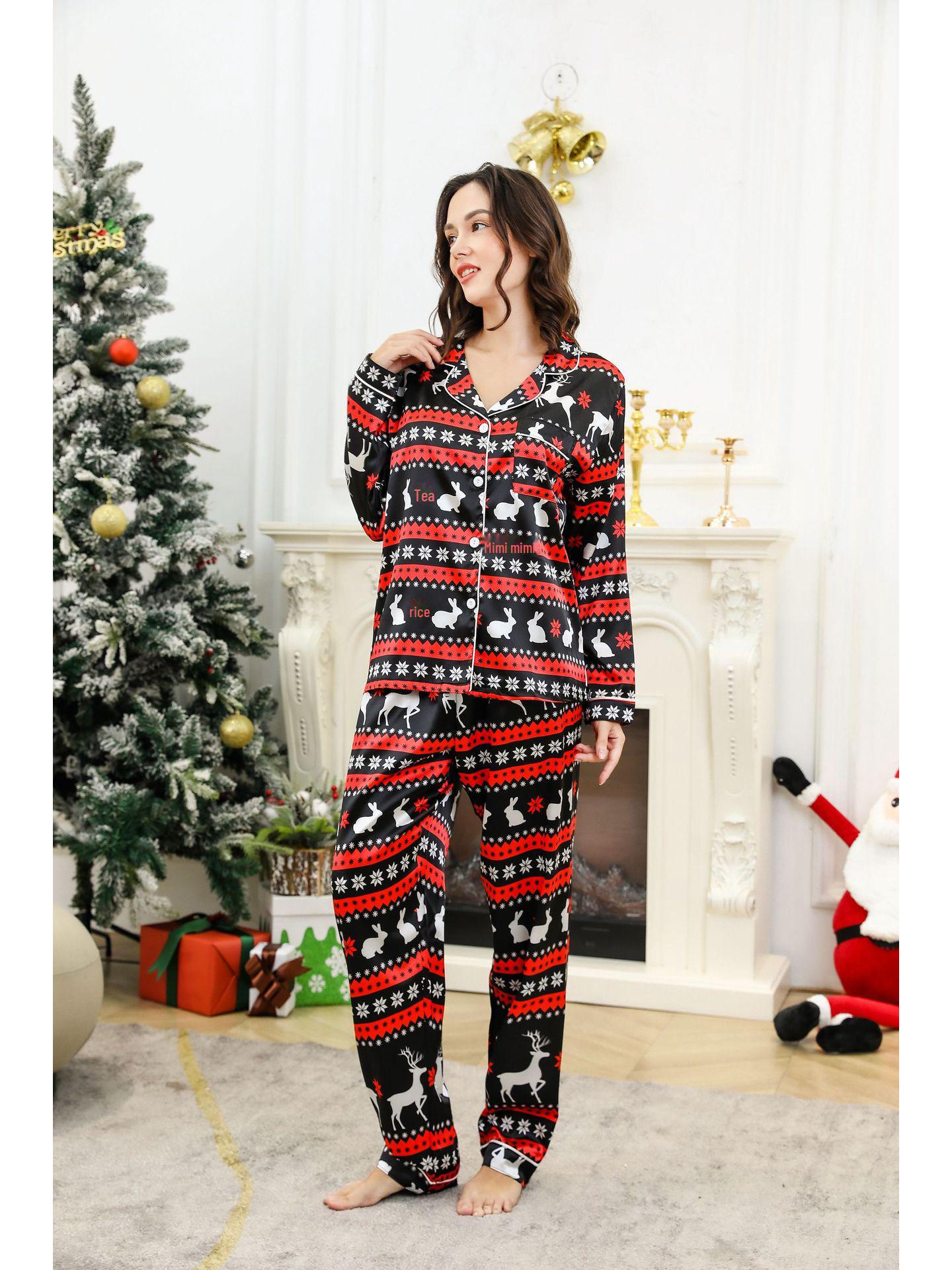 

Рождественская атласная шелковая пижама с длинным рукавом для женщин – европейский и американский стиль Extra Large