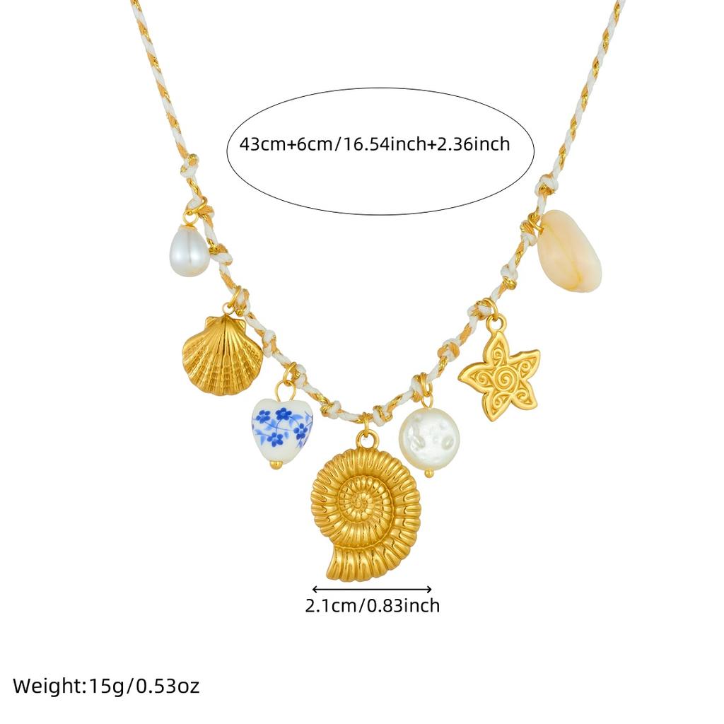 316L Stainless Steel Novel Trend Flower Shell Conch Pearl Pendant Necklace Women Leisure Vacation Neck Chain Jewelry