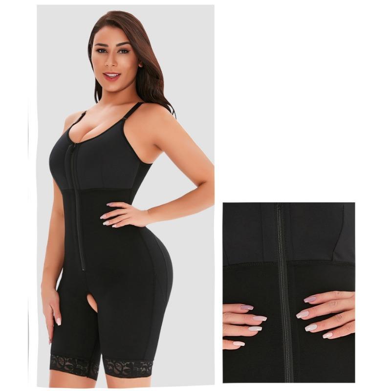 Women Front Zipper Adjustable Strap Lace Hem Open Crotch High Waist Tummy Control Butt Lifting Slim Shapewear Bodysuit