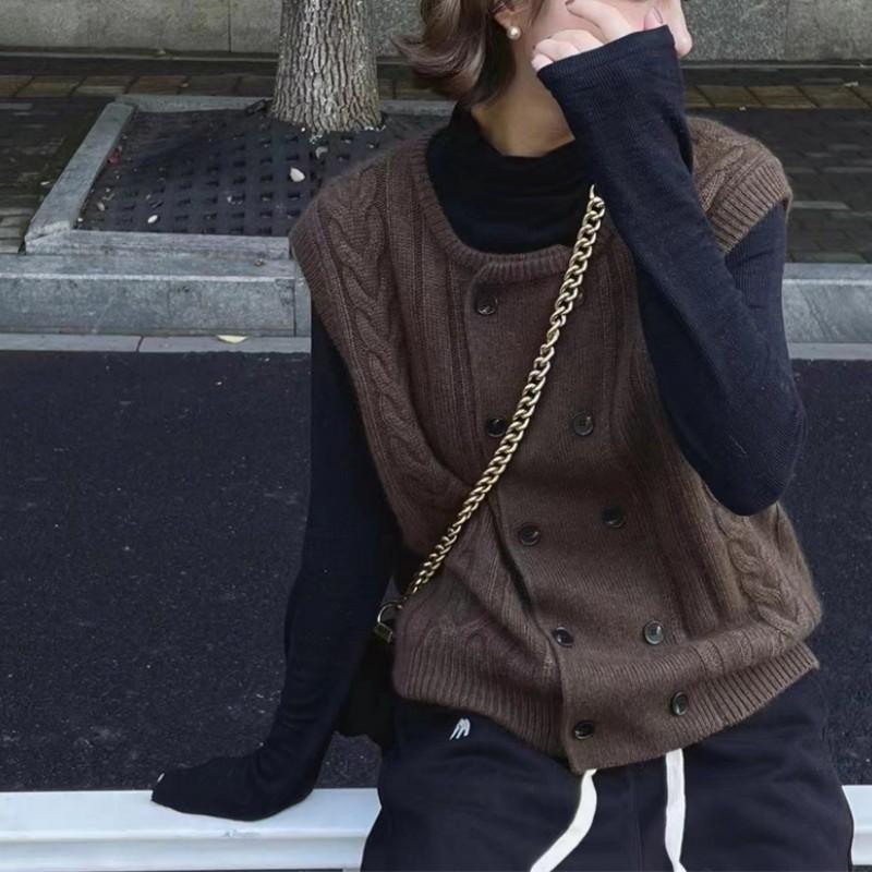 

Корейский Ретро Двубортный Вязаный Жилет Косичка Круглый Вырез Кардиган Женский Осень Зима Жилет One size темно-коричневого