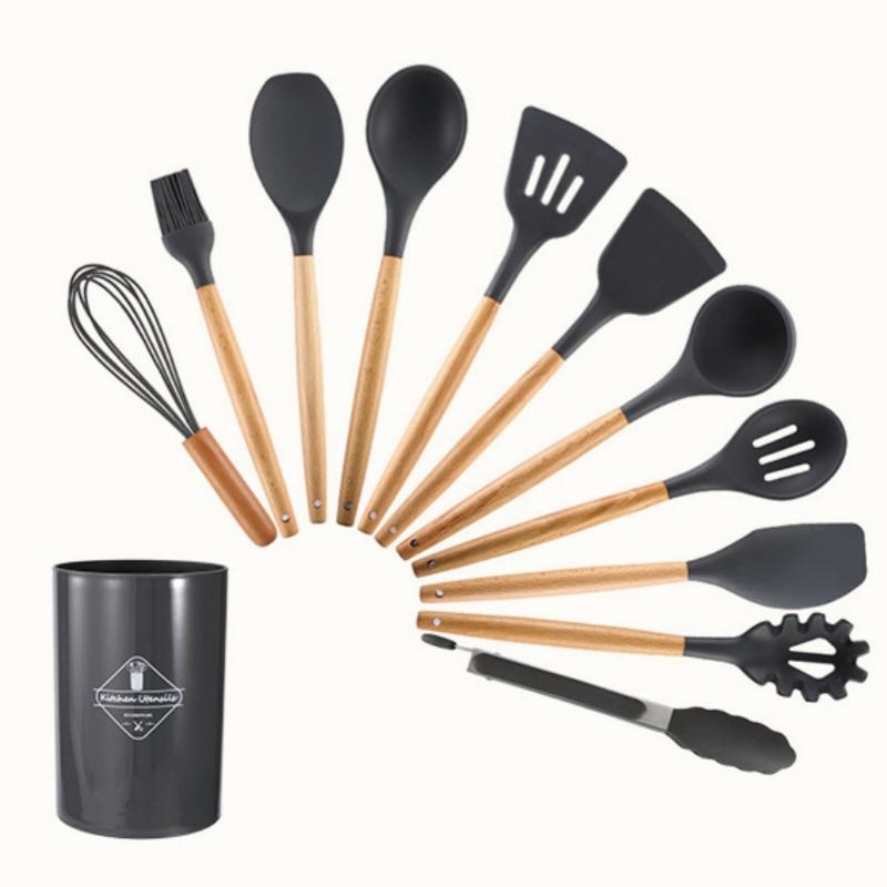 

Набор силиконовых кухонных принадлежностей 12 шт. Черный Антипригарная посуда Деревянная ручка Лопатка Лопатка Венчики Кухонная утварь Кухонные аксессуары gray
