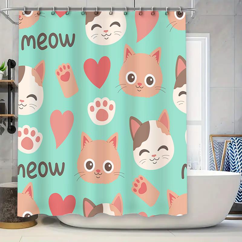 

Meow Cat Print Shower Curtain Cute Animal Design For Bath Decor Pink Hearts Paw Prints On Mint Green Fabric W60H190(CM)-1 Pcs
