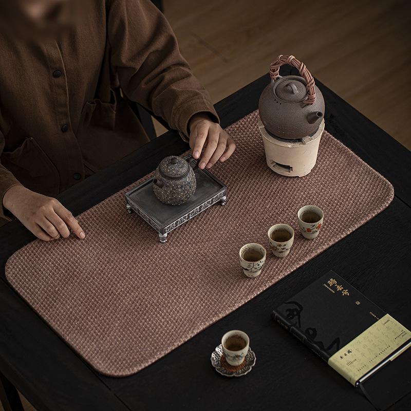 Miaozhu Xuan Retro Dwukolorowy Żakardowy Lniany Mata do Herbaty - Ręcznie Robiony Bieżnik Malowany Roślinnie do Chińskiego Wystroju Herbacianego