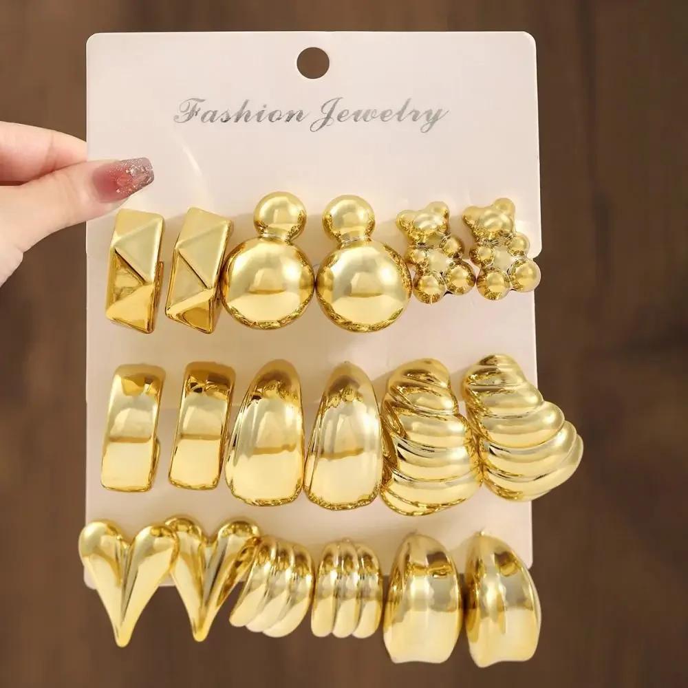 Vintage Big Gold Color Set Earrings for Women Imitation Metal Earing Jewelry Metal C-Shape Earrings Elegant Jewelry Gifts