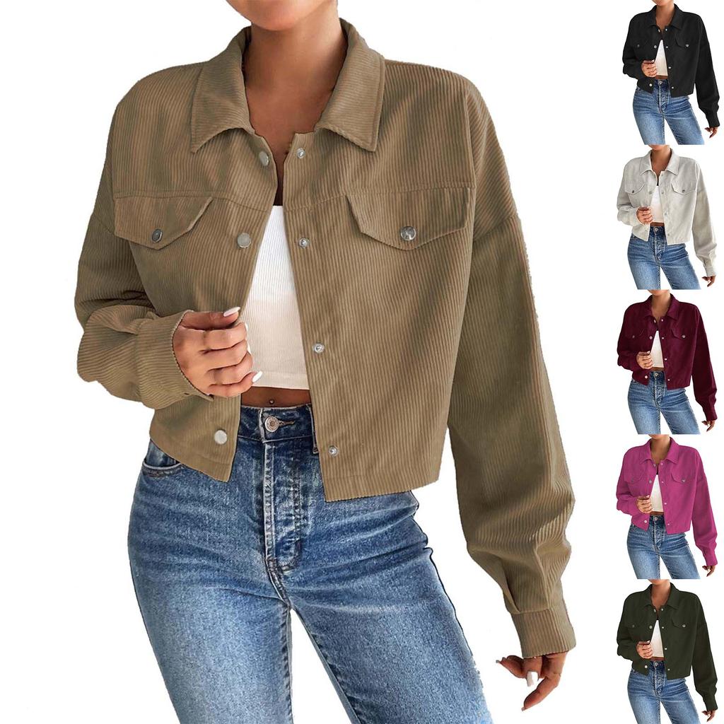 Womens Fashion Cropped Shacket Button Down Corduroy Shirt Jackets Casual Long Sleeve Crop Tops Trendy Fall Outfit