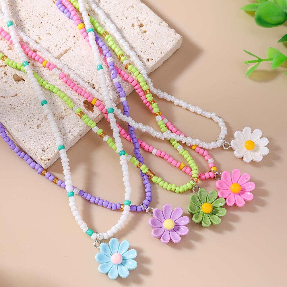 5pcs/set Bohemia Handmade Beaded Necklaces for Women Girls Colorful Flower Pendants Necklace Kid's Jewelry Gifts
