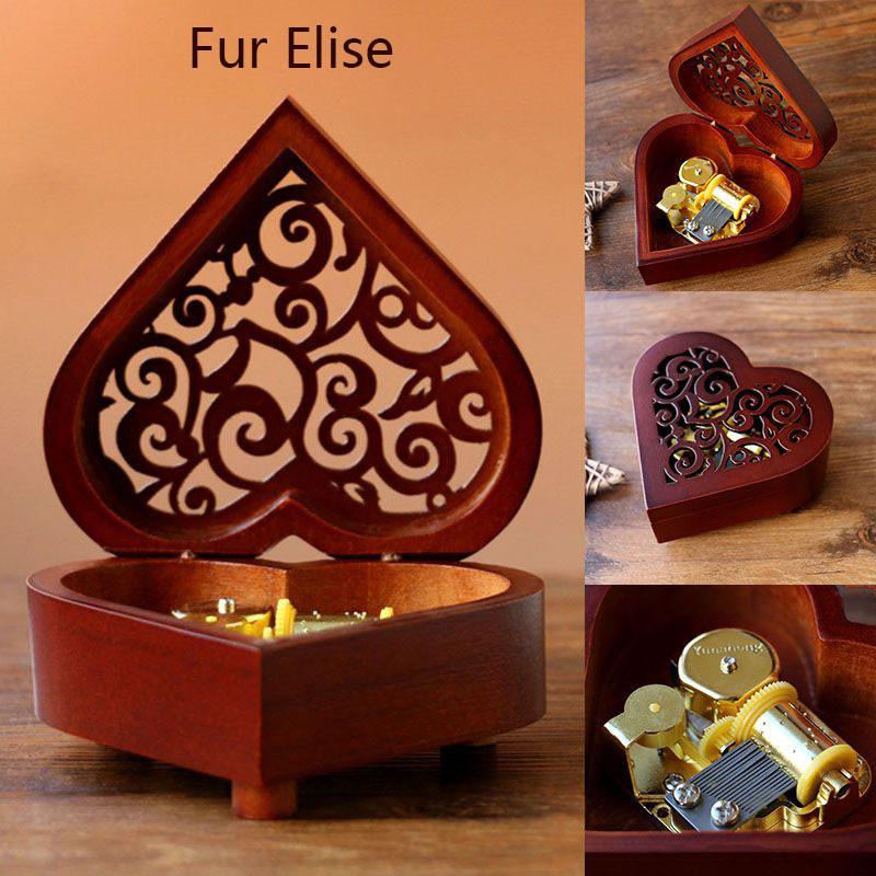 Urocza prostokątna rzeźbiona drewniana pozytywka nakręcana z melodyjnymi melodiami