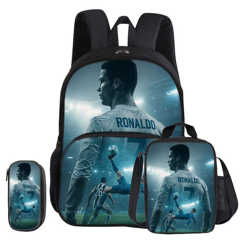 Ronaldo 3 Pcs Set with Front Pocket Backpack Football Sport with Thermal Insulated Lunch Tote Purse CR Football Star Pencil Case
