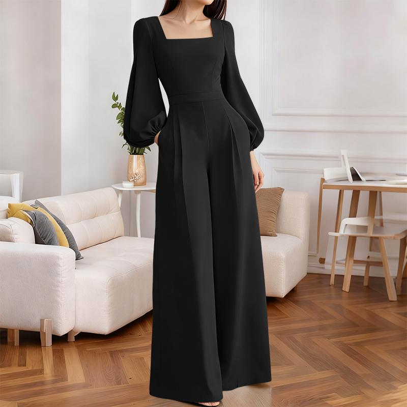 ZANZEA Womens Square Collar Casual Long Sleeve Wide Leg Jumpsuits S чёрный