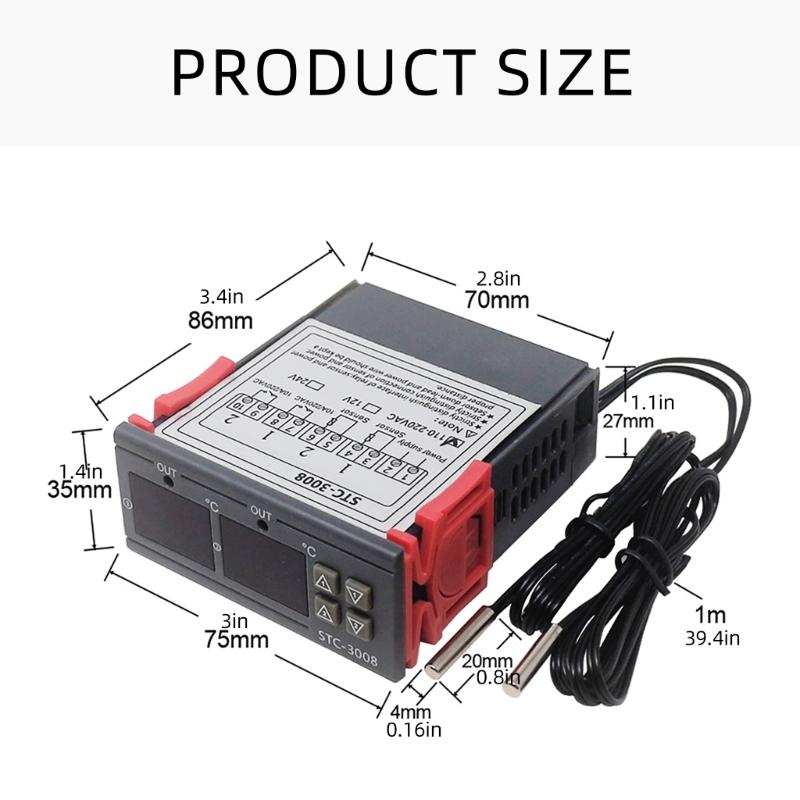 12/24/110-220V Double Probe Sensors Temperature Thermostat Controller Digital Double Display Thermostat for Refrigerator