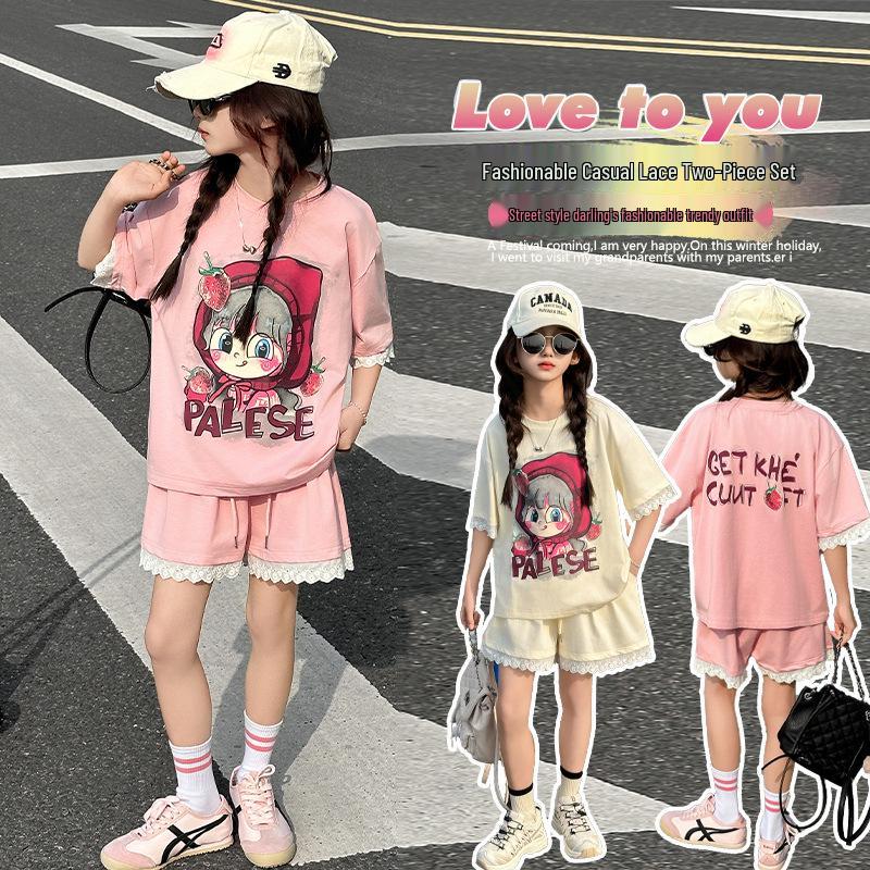 

Girls Summer 2025 Cartoon Lace T-Shirt & Shorts Set 160 cm бежевий
