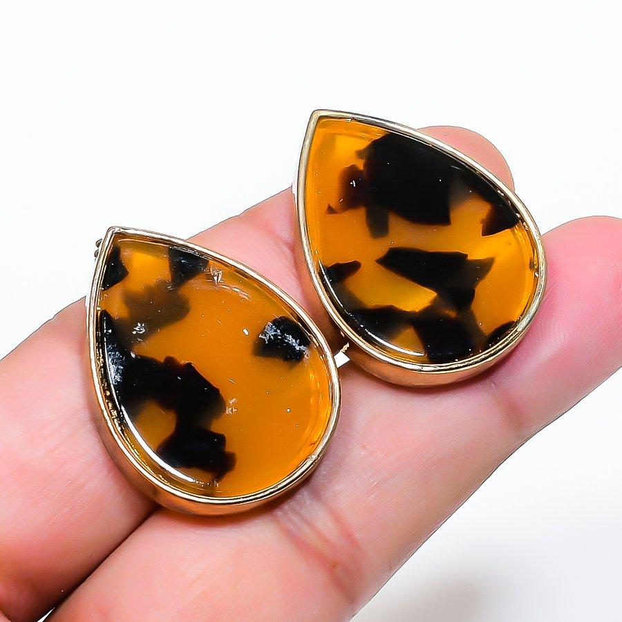 Natural Montana Agate Gemstone Brass Jewelry Earring 1.18 RE-34