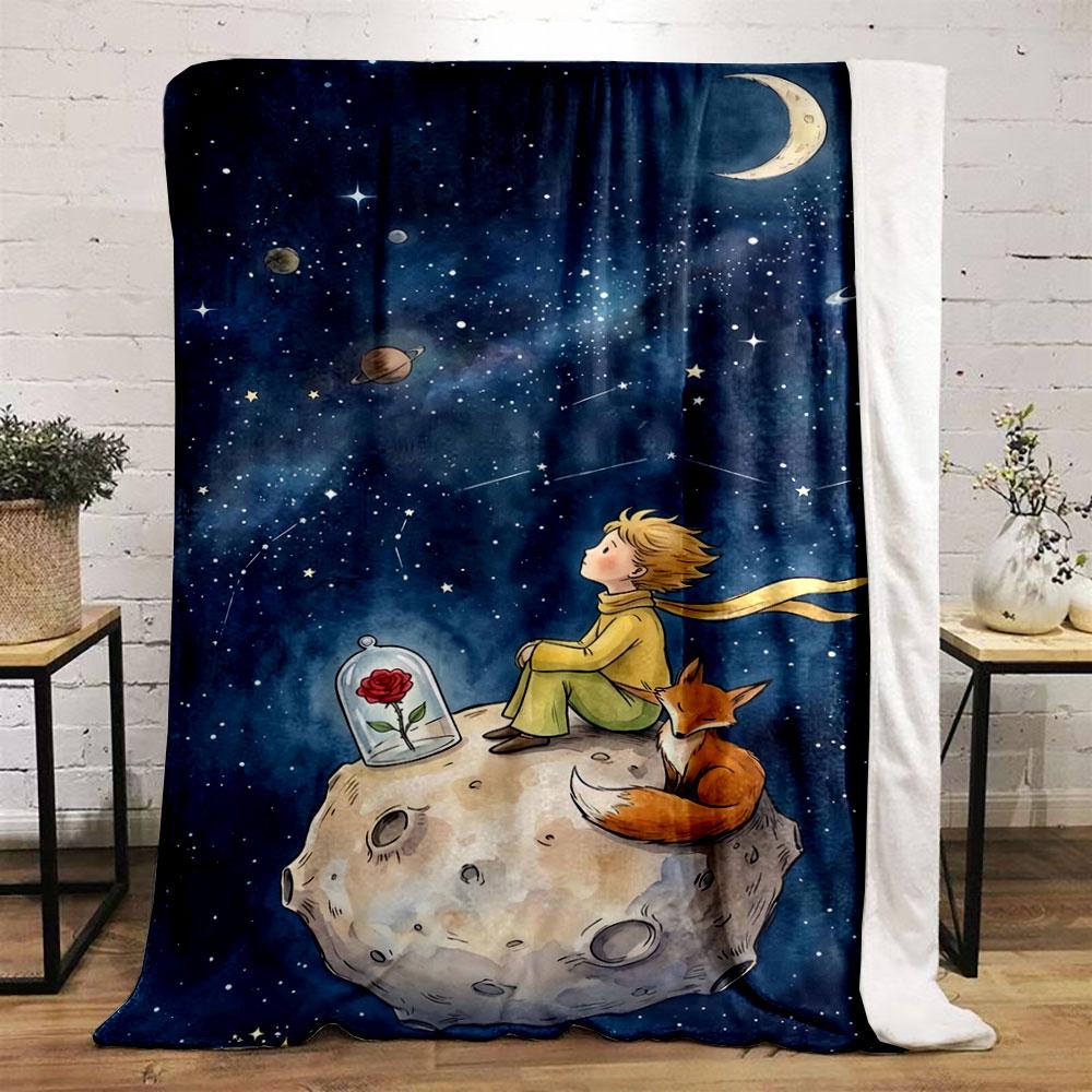 A boy and a fox sit on an asteroid, gazing at the starry night sky. for all seasons blanket lunch break throw gift