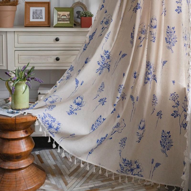 

Cotton Linen American Floral Blackout Window Curtains with Tassel for Bedroom Kitchen Curtains Pastoral Style Living Room Drape W150 x H160cm&Threading Rod