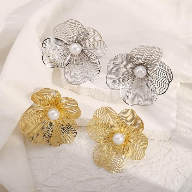 Delicate Flower Cutout Pearls Studs Made from High Quality Alloy with Allergy Resistant Treatments for Comfortable Wear
