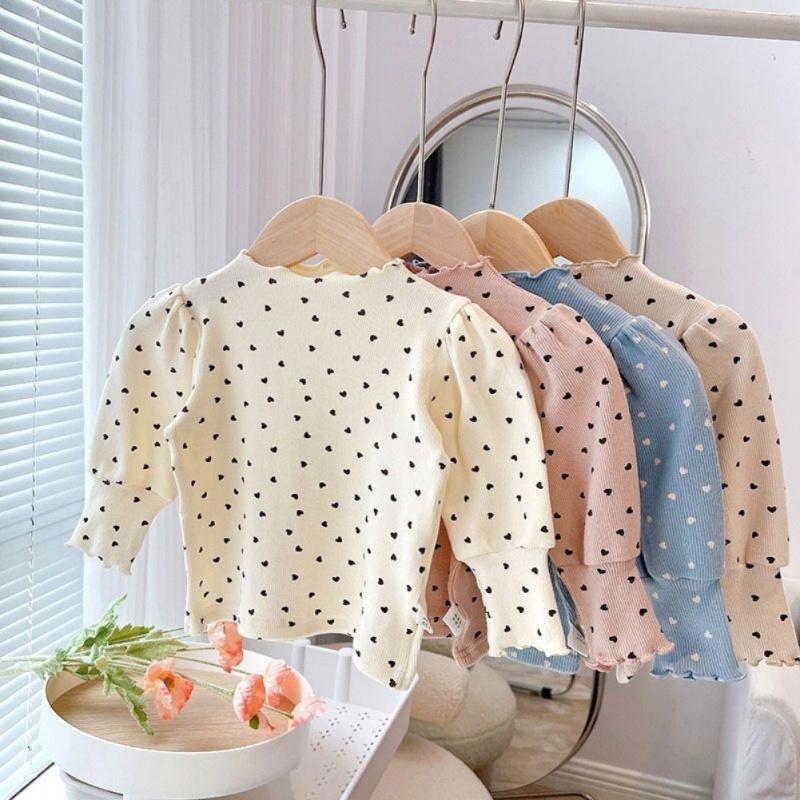 Baby Girl Long Sleeved Top Children's T-Shirt Puff Sleeve Heart-Shaped Printed Kids Top