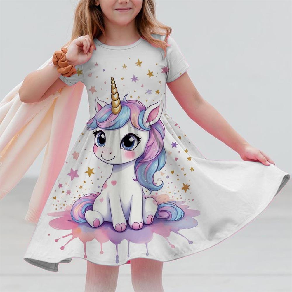Robes d'été pour filles Licorne Enfants Robe à manches courtes Dessin animé Tout-petits Décontracté Robes droites Vêtements pour enfants 3-12 ans
