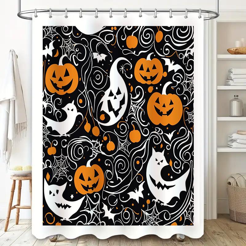 Halloween-Themed Shower Curtain Featuring Pumpkins And Bats Spooky Decor For Your Bathroom! Perfect Gift Idea For A Halloween Pa