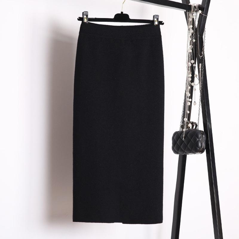 Autumn Winter Bodycon Pencil Skirt Midi Wool Plain Front Slit Knit Skirt
