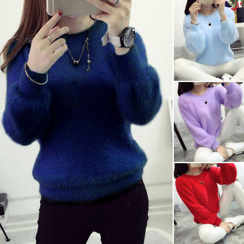 

Женский вязаный топ, однотонный свободный пуловер, флисовый свитер, зимний свитер с имитацией норки