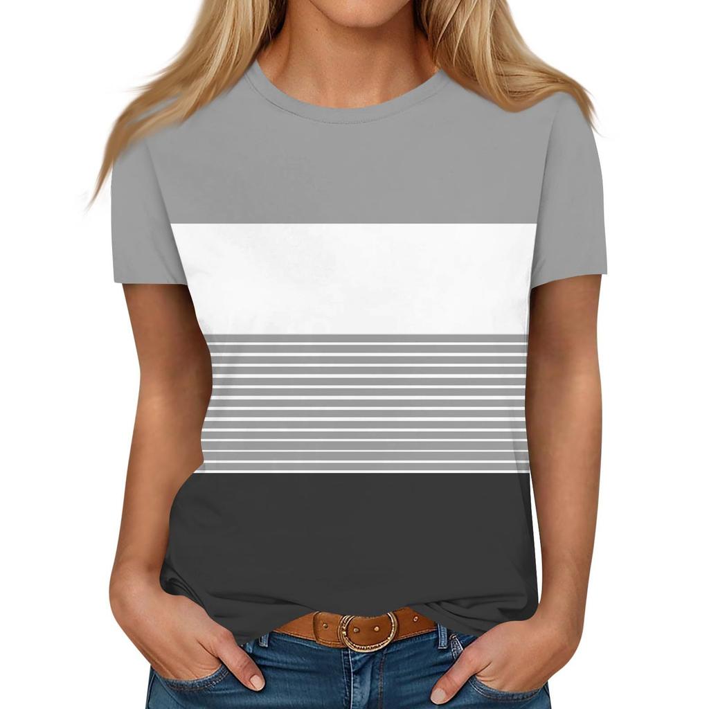 Summer Round Neck 3D Color - Block and Striped Print Top Fashionable Casual Short Sleeved Women's T-shirts