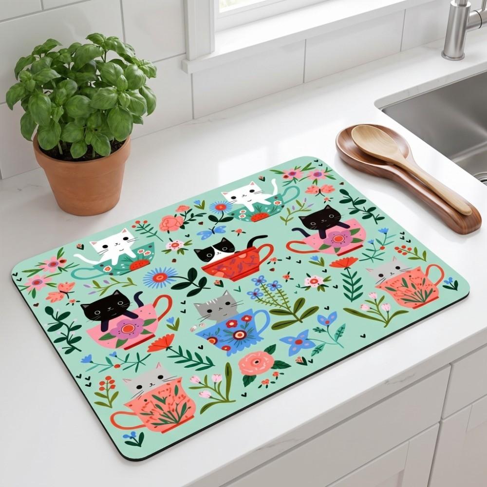 Household Cat Floral Coffee Machine Mat Anti-Slip Absorbent Kitchen Mat Sweet Rectangular Dish Drying Mat Tableware