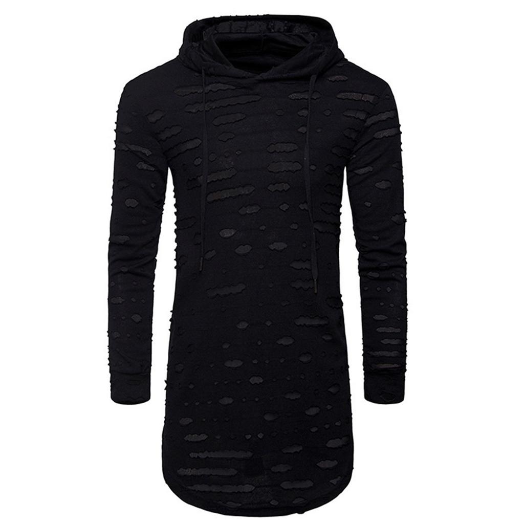 Men's Casual Solid Color Fashionable And Individual Ripped Sweatshirt Men's Mid-length Hooded Sporty Long-sleeved Pullover Top