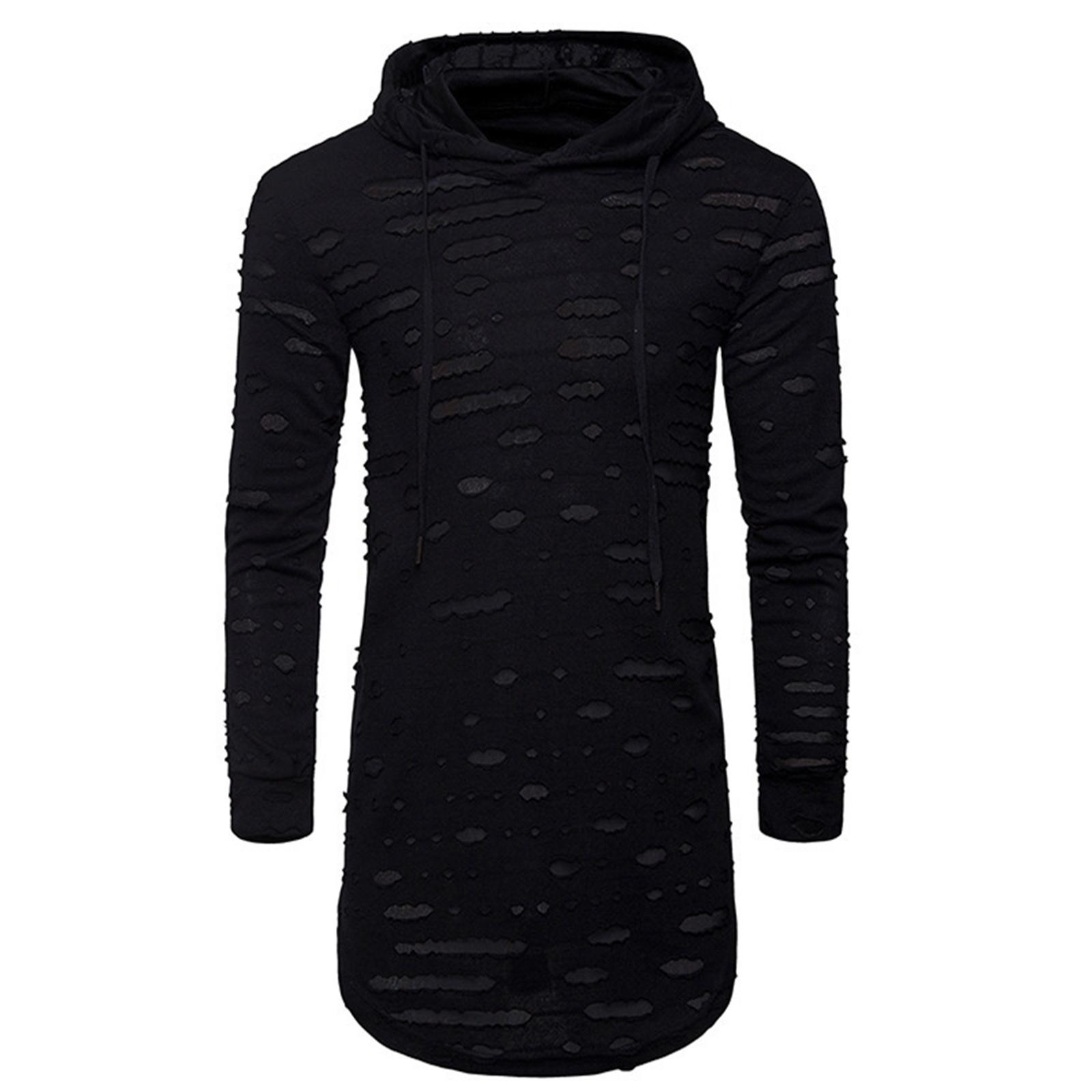 

Men s Casual Solid Color Fashionable And Individual Ripped Sweatshirt Men s Mid-length Hooded Sporty Long-sleeved Pullover Top S чёрный