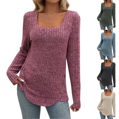 Women's Fashion Solid Color Square Collar Long Sleeve Button Casual T-shirt Top