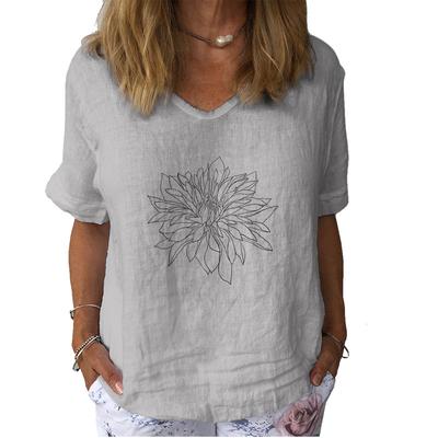 Damenmode V-Kragen Kurzarm T-Shirt Casual Baumwolle Leinen Dünnes Top Damen Pullover Print T-Shirt