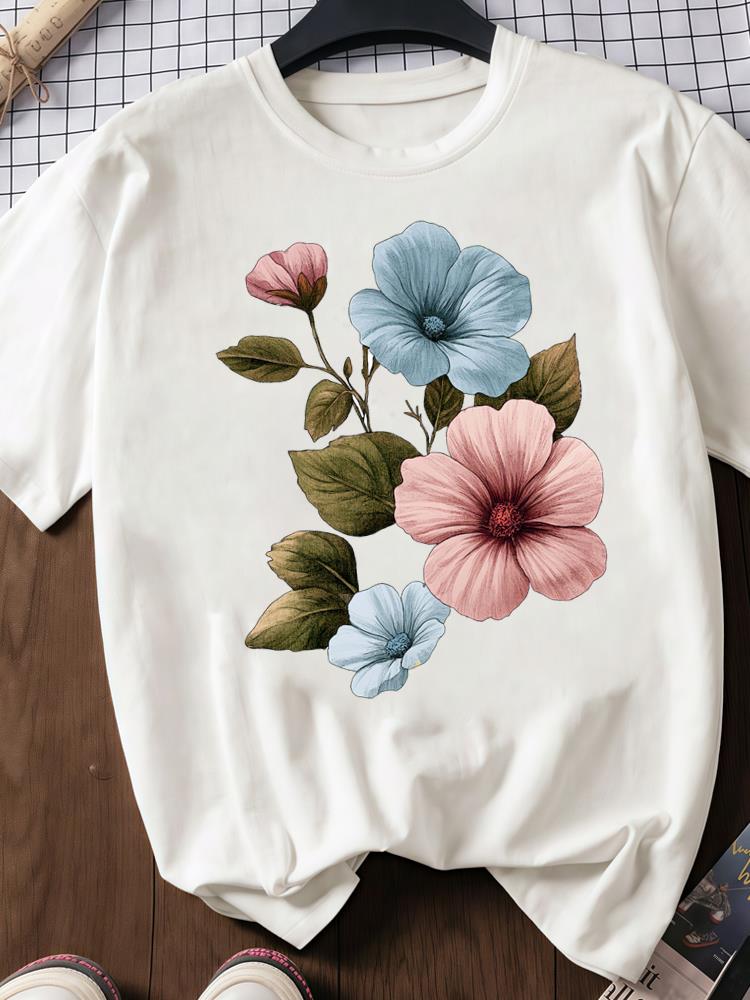 (Asian Size) Trend Sweet Flower 90s Print O-neck Short Sleeve T-shirts Fashion Female Casual Women's Top T Clothing Graphic Tee