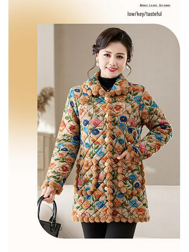 2025 Winter Stylish Floral Velvet-Lined Mid-Length Cotton Coat for Women - Elegant and Warm Autumn/Winter Outerwear