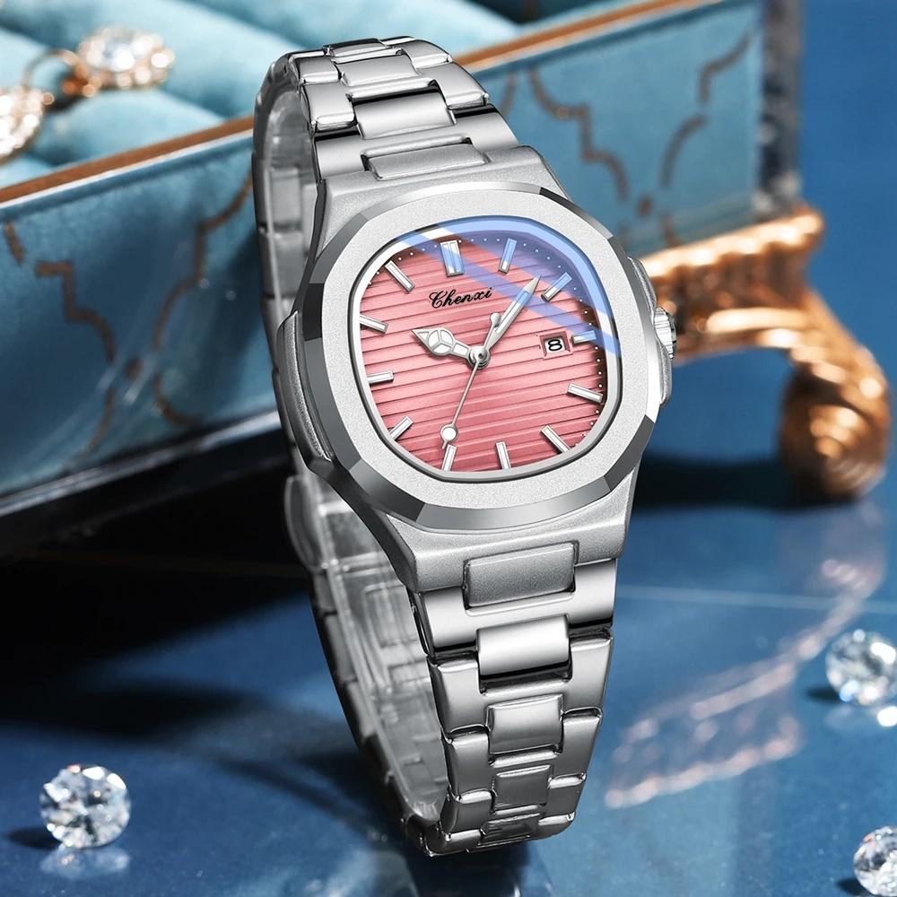 CHENXI 8222 Women's Quartz Watch Pink Fashion Striped Dial with Calendar Luminous Stainless Steel Strap Wristwatch for Girl Gift