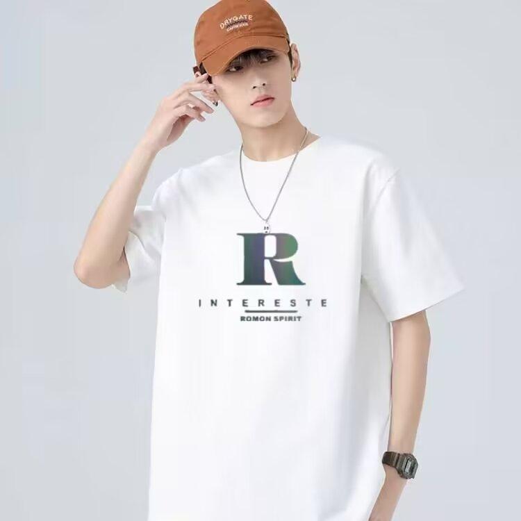 Summer round neck men's Slim short-sleeved T-shirt trend bottoming shirt top combed cotton letter R printed T-shirt
