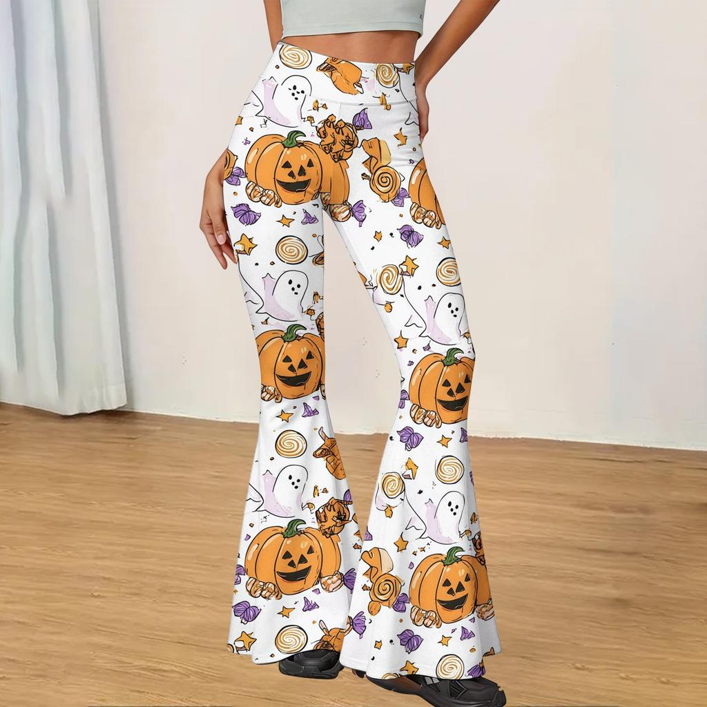Women Casual Halloween Printed Flared Yoga Pants High Waist Stretch Bell Bottom Trousers for Fitness and Everyday Wear